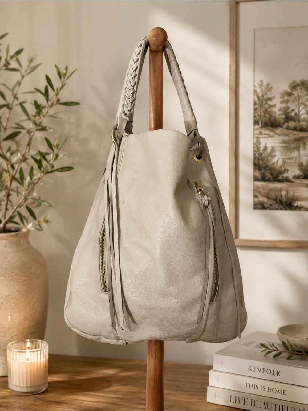 Soft Leather Hobo Bag in Light Taupe